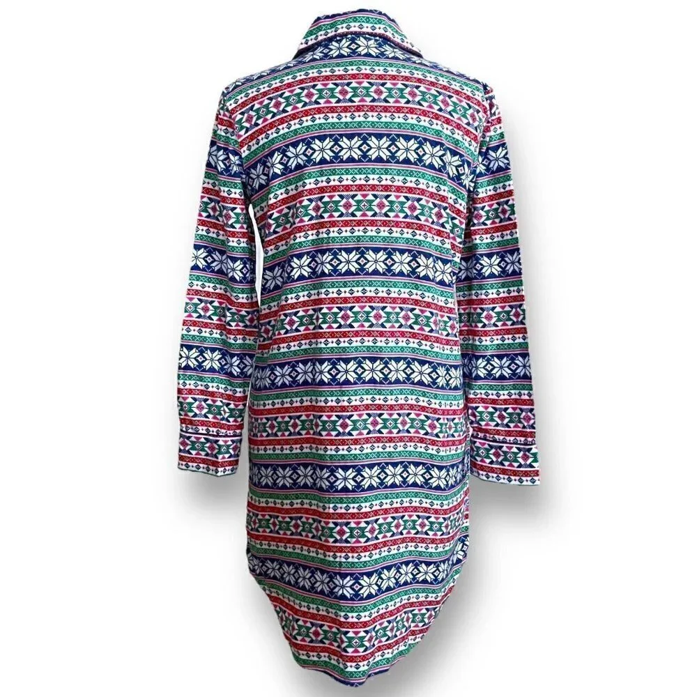 Lands End Womens Nightgown XS 2 4 Cotton Flannel Fair Isle Print Nightshirt PJs